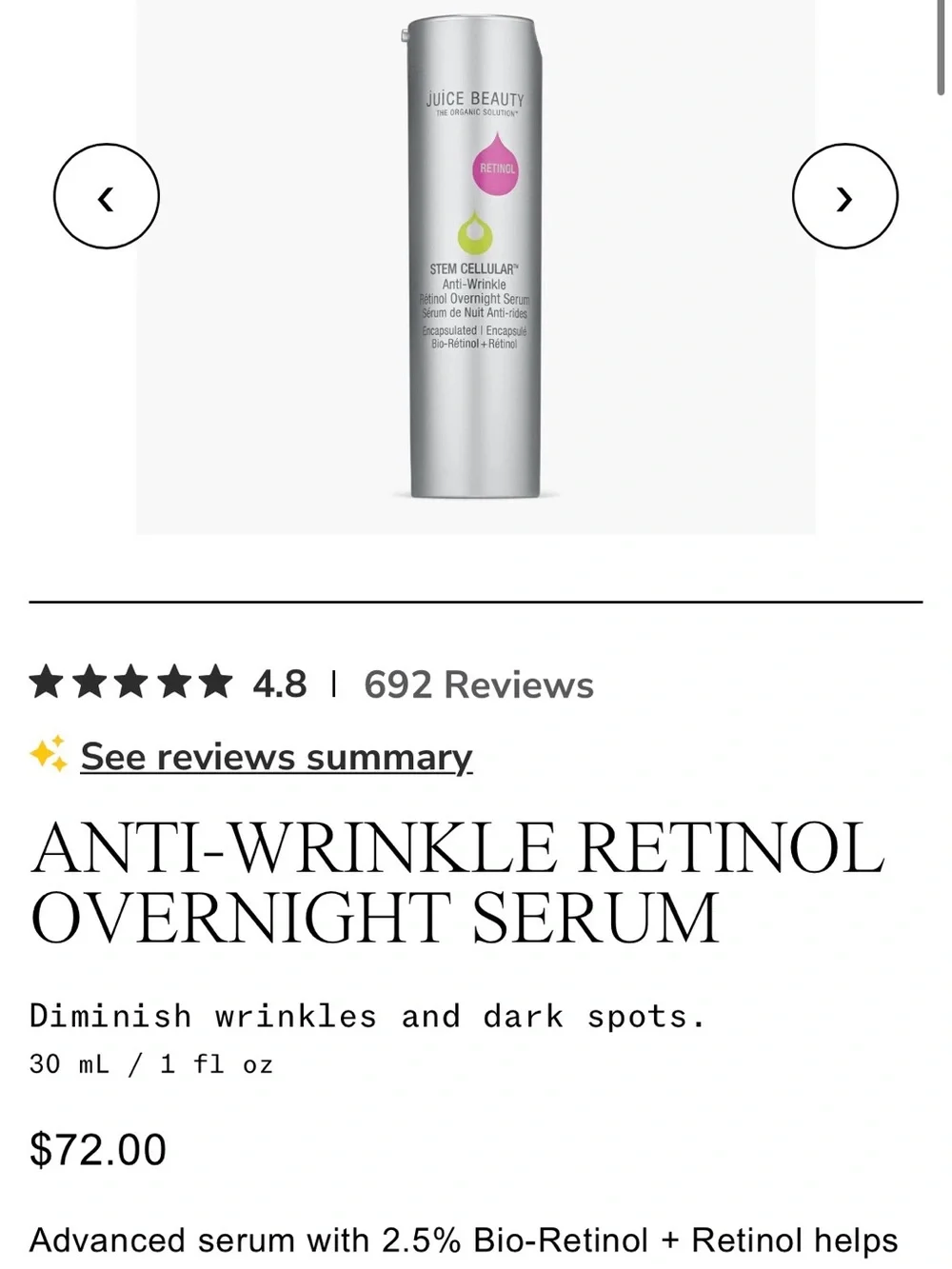 Juice Beauty Stem Cellular Anti-Wrinkle Retinol Serum + Freebie